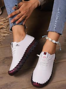 Women's Fashion Plain Lace Up Round Toe Flat Work Shoes, Casual Comfortable Solid Color Walking Shoes, White Footwear, Casual Trainers