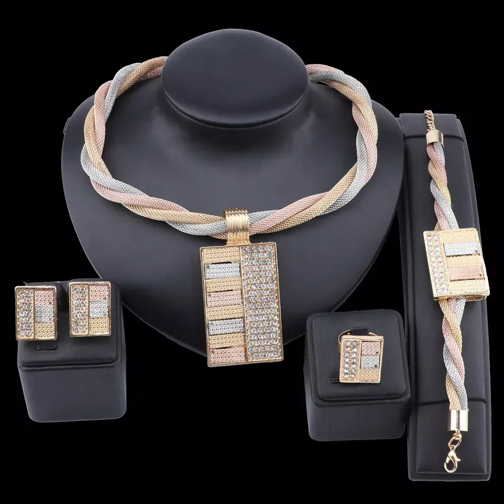 Three Tone Color Necklace Set with Pendant Stone Decorated - 2025 Latest Fashion Accessory