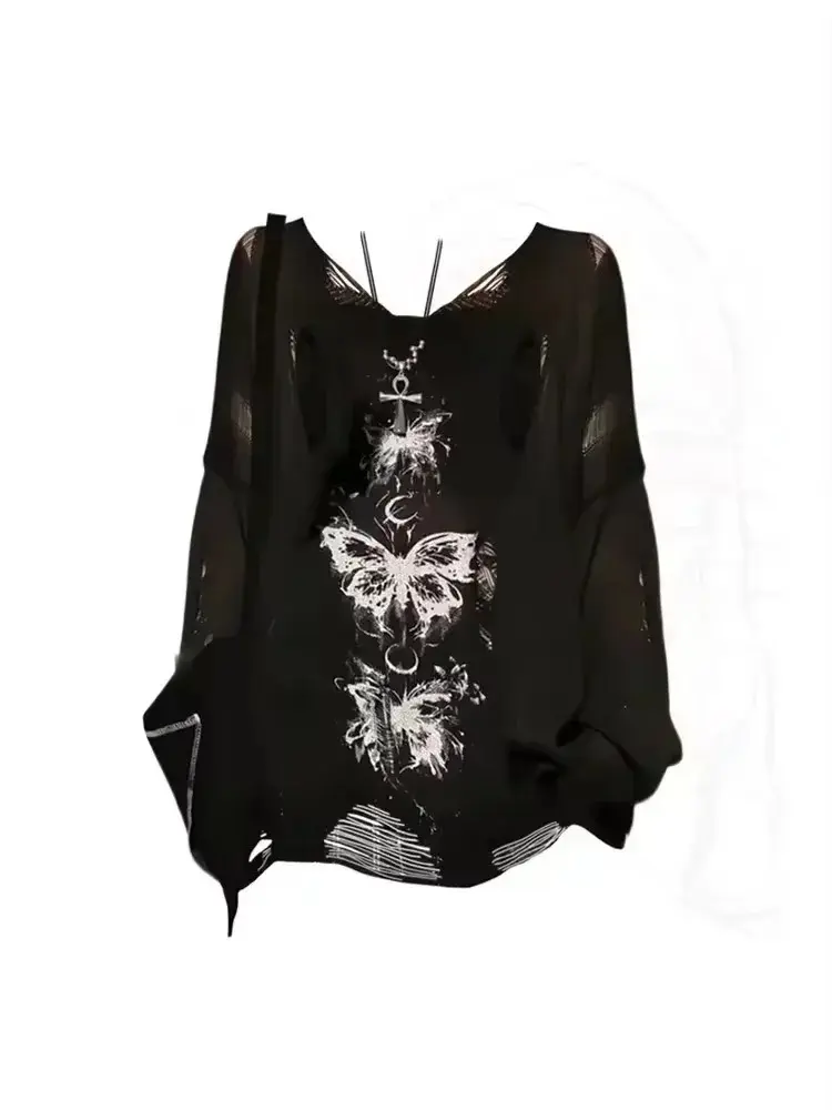 Y2k Emo Women Streetwear Long Sleeve Grunge Acubi Fairycore T-shirts Tshirt Goth Gyaru Oversize Letter Tops 2000s Alt Clothes