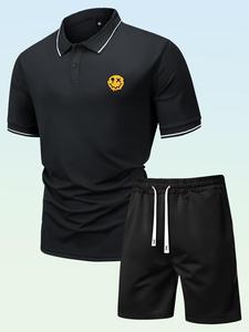 Two-Piece Set Men's Cartoon Expression Print Polo Shirt & Drawstring Waist Shorts Set, Summer Clothes, Regular Fit Crew Neck Short Sleeve Top & Track Shorts, Men Summer Clothes Set for Daily Wear