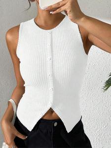 Women's Plain Ribbed Top, Casual Sleeveless Button Front Knit Top for Daily Wear, Ladies Clothes for All Seasons