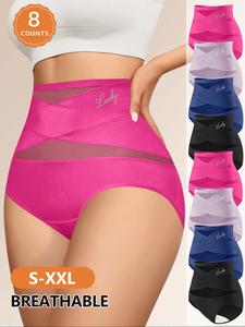 Women's Letter Print Contrast Mesh Criss Cross High Waist Briefs, Breathable Comfy Sheer Knicker for Daily Wear, Women's Underwear for All Seasons