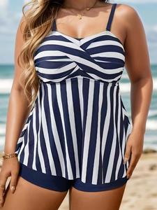 【Plus Size】 Striped Print Tankini Set, Casual Adjustable Strap Sleeveless Swim Top & Solid Swim Shorts, Women's Two-piece Swimsuit for Beach Holiday Vacation, Clothing