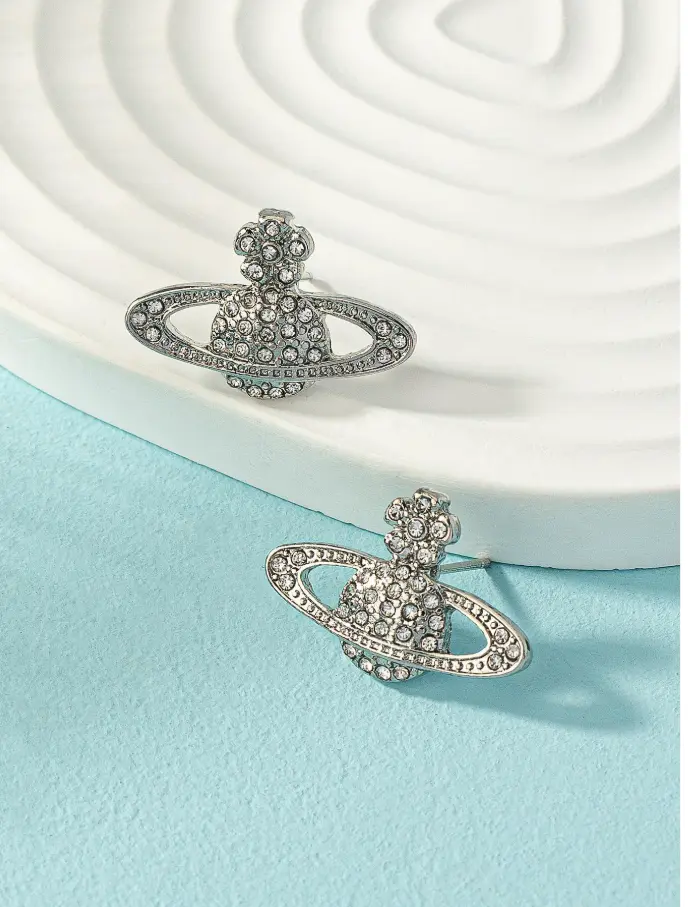 1pair Elegant Cubic Zirconia Inlay Silver Tone Planet & Eye & Rhinestone Decor Women's Alphabet Stud Earrings