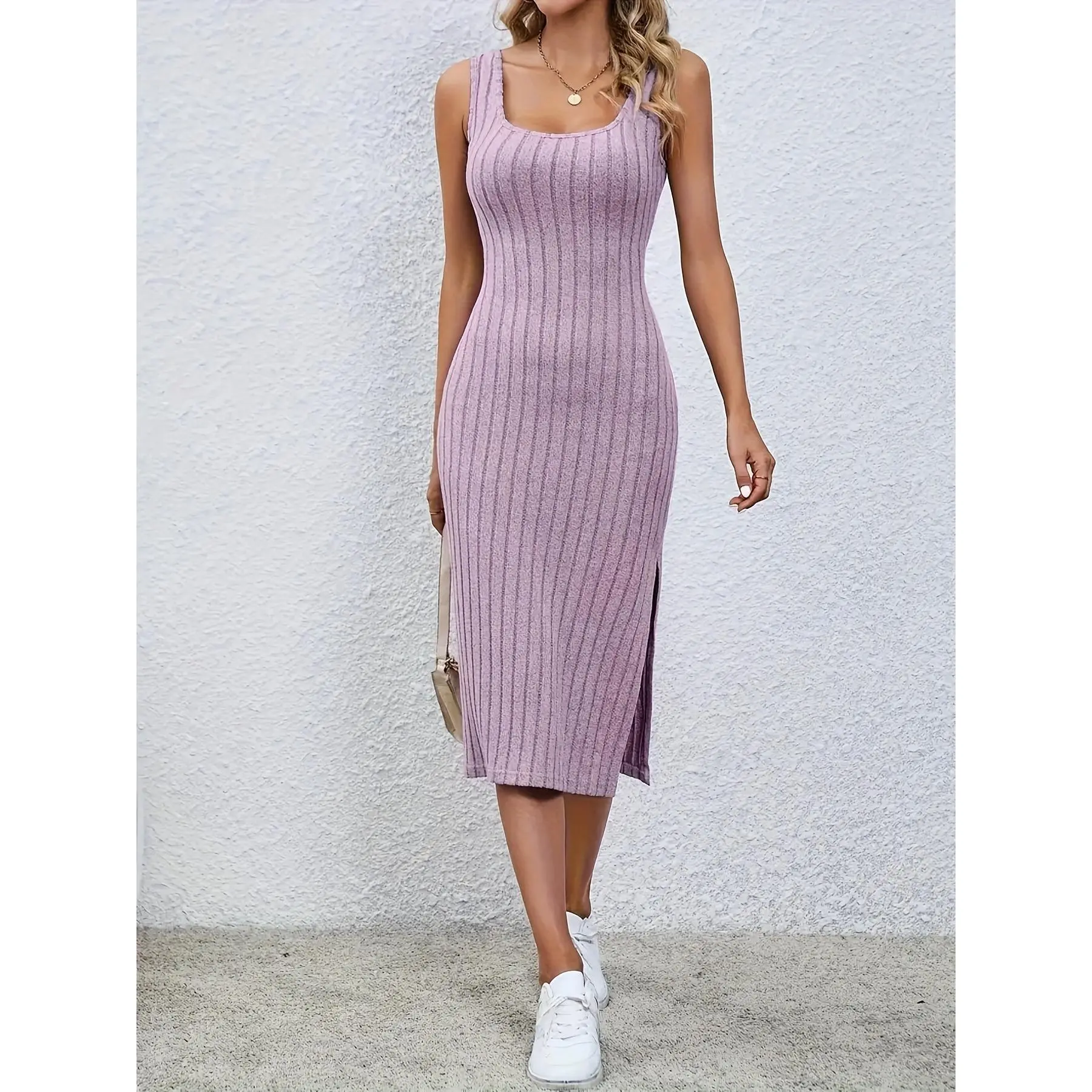 Split Hem Ribbed Crew Neck Dress, Elegant Sleeveless Tank Dress For Spring & Summer, Women's Clothing