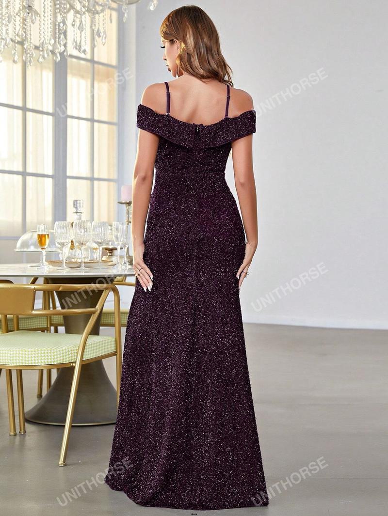 Product Introduction of Sequin Thigh Split Shoulder Plus Cold Formal Dress 36