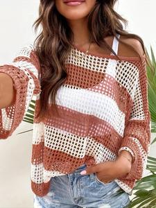Women's Striped Print Hollow Out Sheer Drop Shoulder Longsleeves Sweater, Casual Long Sleeve Boat Neck Jumper for Spring & Fall, Fashion Women's Knitwear for Daily Wear, Knitted Sweater