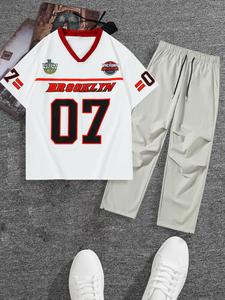 Men's Letter & Figure Print Short Sleeve Tee & Pants Two-piece Set, Casual V Neck T-shirt & Trousers for Summer, Men's Clothes for Daily Wear