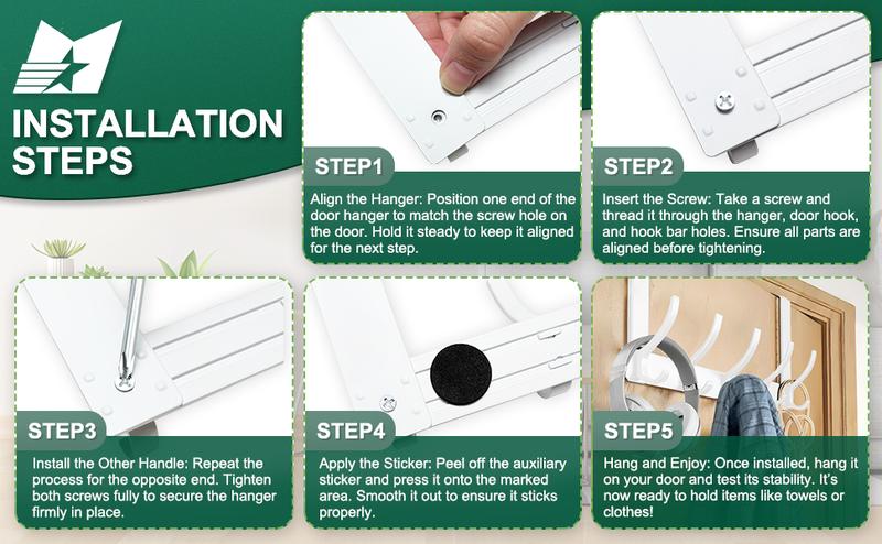 Product Introduction of Heavy Duty Over Door Hanger with 5 Hooks - Space-Saving Metal Door Hooks for Coats, Towels, Bags, and Keys - Easy Installation, Scratch-Resistant, Sturdy Design (White) 2