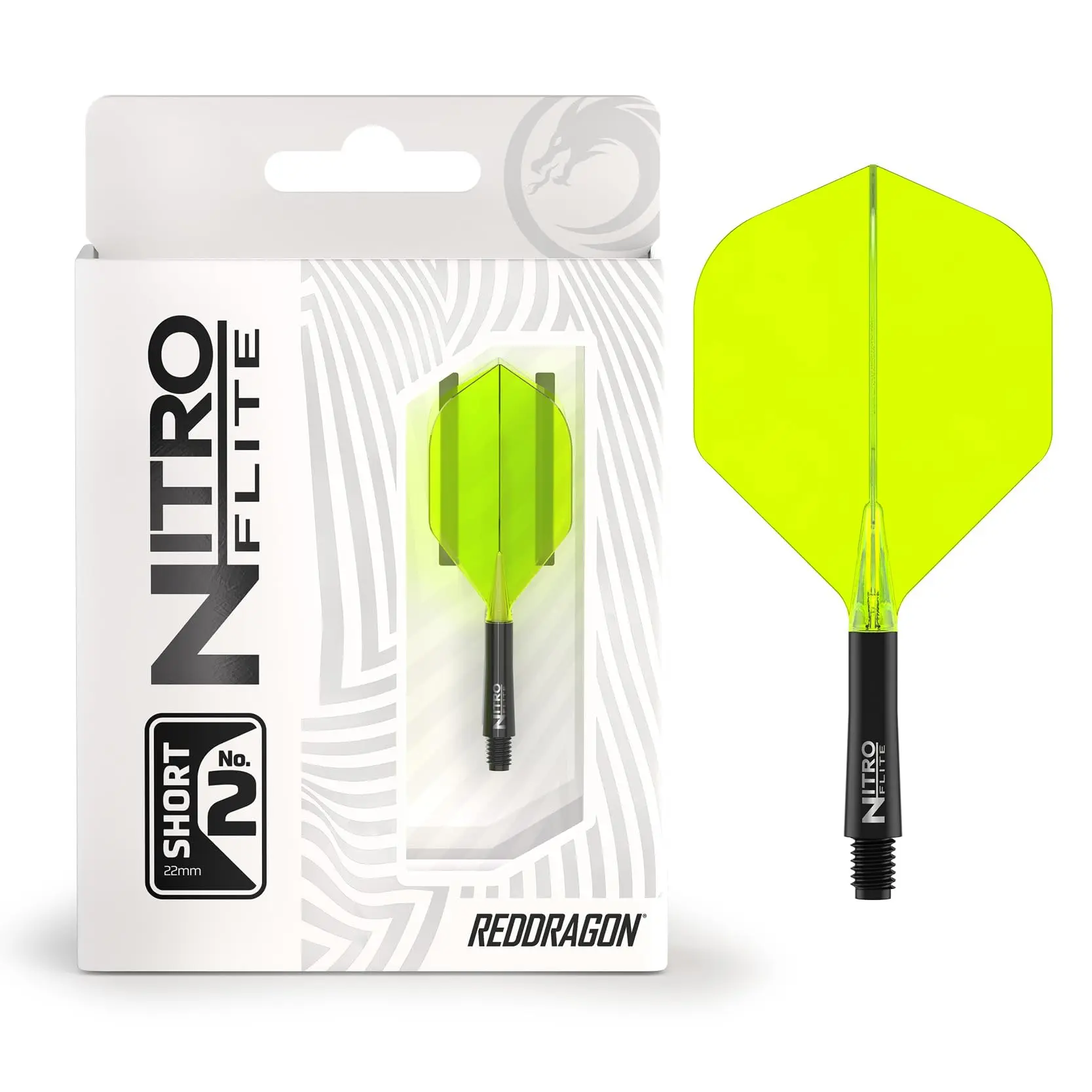 RED DRAGON Darts – Nitro Flite Integrated Flight & Shaft System – No.2 Shape and Design – Black & Yellow Colour, Short Length