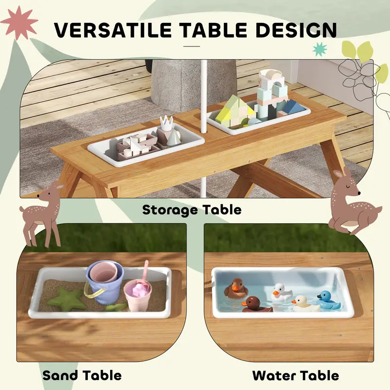 AIYAPLAY Wooden Kids Picnic Table, Sand and Water Table w/ Benches, Parasol 2