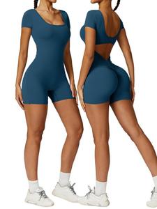 Women's Solid U Neck Sports Bodysuit, Casual Comfy Breathable Short Sleeve Bodycon Bodysuit for Yoga Gym Workout, Ladies Sportswear for All Seasons