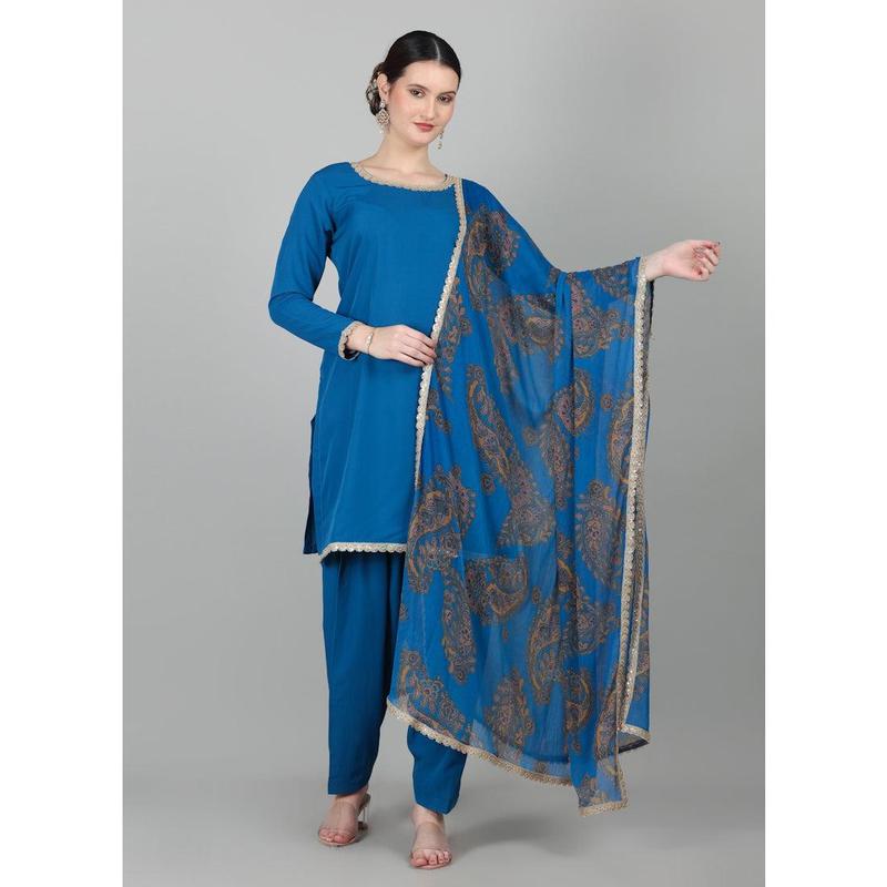 Blue Crepe Printed Dupatta Suit Set 0