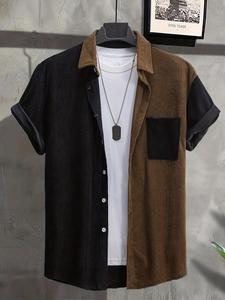 Men's Colorblock Pocket Button Front Shirt, Casual Regular Fit Short Sleeve Corduroy Top for Summer, Men's Clothes for Daily Wear, Menswear, Clothing, Men's Clothing,  Going Out Tops