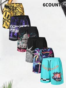 Men's Regular Fit Palm Tree Print Boxer Brief Swim Shorts, Casual Comfy Breathable Swim Shorts for Summer, Men's Swimwear for Beach Vacation