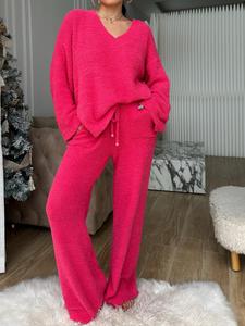 【COZY PAJAMA SET】Women's Solid Split Hem Top & Pocket Pants Plush Pyjama Set, Casual Comfy Long Sleeve V Neck Top & Drawstring Trousers PJ Set, Women's Fluffy Pajamas for Fall & Winter, Nightwear