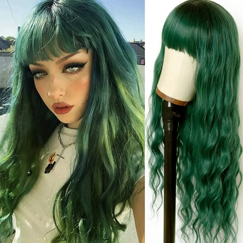 Craigs bits and bobs Sallcks Womens Long Curly Wavy Green Wig with Bangs Synthetid Heat Resistant Halloween Cosplay Costume Wigs 0