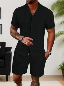 Men's Solid Button Front Co-ord Set, Casual Lapel Going Out Tops & Drawstring Waist Shorts Set for Summer, Summer Top, Comfy Chic Men's Two-piece Outfits for Daily Wear, Summer Matching Outfits, Shortsleeve Clothes, Menswear
