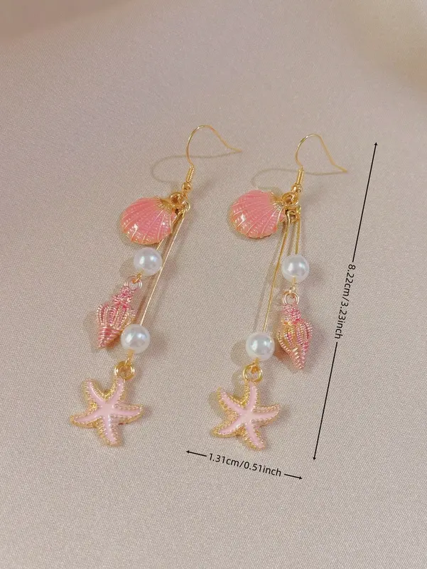 1 Pair Pink Shell & Conch Dangle Earrings for Teenage Girls – Beach Vacation Style with Faux Pearls, Cute Summer Jewellery for Holidays & Daily Wear 7