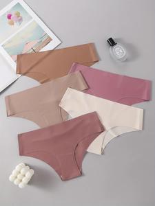 4/5pcs-[Halloween] Women's Seamless Ice Silk Triangle Panties, Halloween Cute Print & Simple Solid Color, Low Waist One-Piece Elastic Thin Ladies Underwear