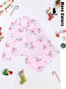 【plus Size】 Two-piece Set All Over Christmas Themed Print Button Front Shirt & Elastic Waist Pants Pajama, Casual Comfy Long Sleeve Collared Top & Trousers Set, Women's Sleepwear for Spring & Fall