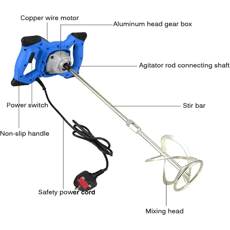 2800W Concrete Mixer Machine Paddle Mixer 1700 U/min Electric Power Plaster Mixer Adjustable 6 Speed Stirrer Electric Mix Stirring Tool M14 Mixing Rod Heavy Duty Electric Paddle Plaster Plastering Mortar Paint Mixer Mixing Machine with 2M Power Cable 5