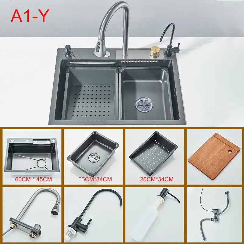 304 Stainless Steel Waterfall Kitchen Sink Large Single Slot with Chopping Board Cup Washer 6