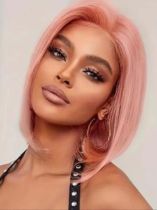 12 Inch Pink Short Bob Wigs for Women, Gorgeous Fluffy Wigs with Bangs, Human Hair Wigs for Party, Daily Use