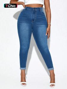 【Plus Size】 Women's Plain High Waist Pocket Skinny Jeans, Plus Casual Fashion Button Denim Pants for Daily Wear, Women Plus Clothing for Summer