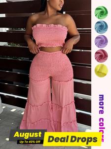 Women's Frill Trim Shirred Flare Leg Pants Set, Boho Style Crop Tube Top & High Waist Flowy Trousers for Beach Holiday Vacation, Ladies Summer Clothes, Bohemian Womenswear, Two Pieces Lightweight Outfits