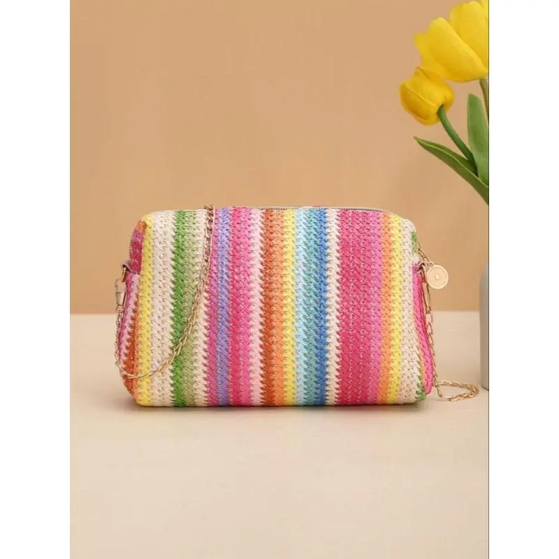 Summer 2024 Colorful Straw Woven Crossbody Bag, Casual Trendy Shoulder Bag, Boho Style Chain Bags for Women, Fashion All-match Square Bag for Beach Vacation 3
