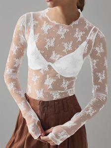 Women's Floral Lace Thumb Hole Sheer Tee, Trendy Mock Neck Long Sleeve T-shirt, Women's Top for Daily Wear