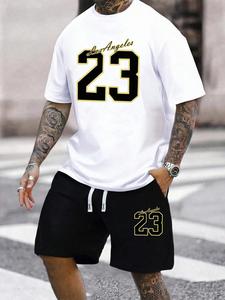 Men's Letter Print Short Sleeve Tee & Shorts Set, Regular Fit Casual Round Neck T-shirt & Track Shorts, Summer Clothes Set for Men