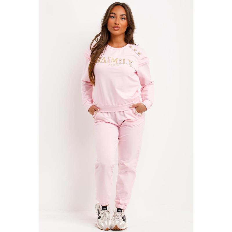 Gold Button Frill Shoulder Loungewear Set Pink 6