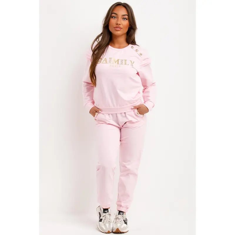 Gold Button Frill Shoulder Loungewear Set Pink 6