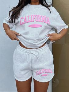 Women's Letter Print Tee & Drawstring Waist Shorts Set, Cozy T-shirt & Shorts for Daily Outdoor Wear, Ladies Summer Clothes, Suits, Tops Shorts Set