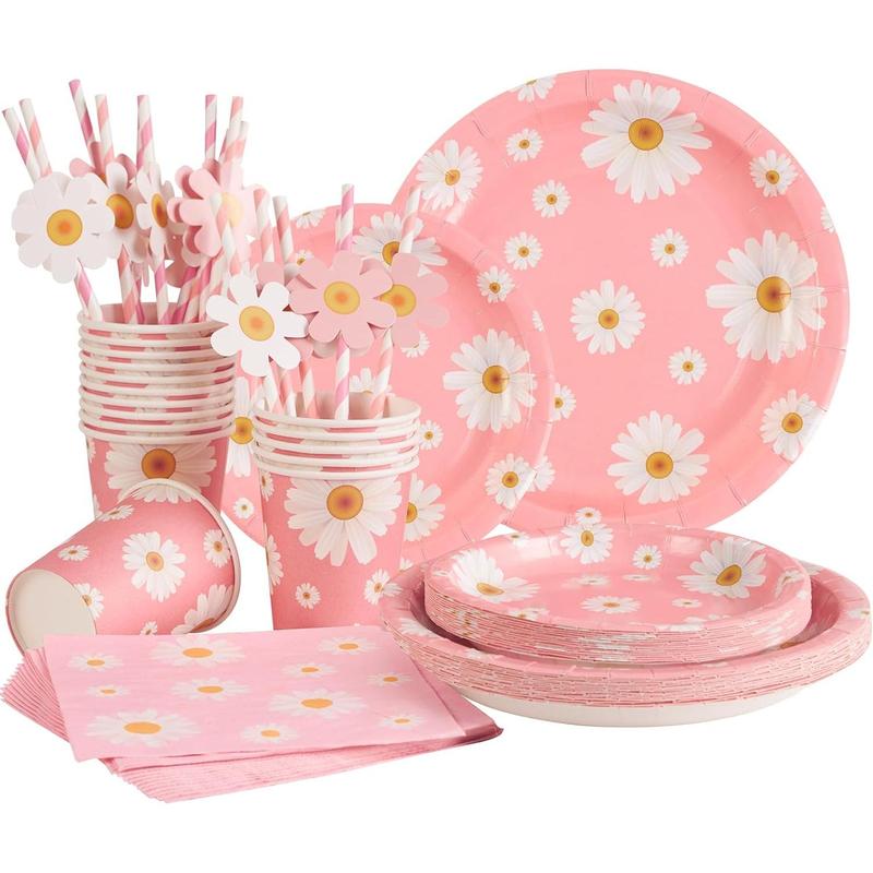SUNBEAUTY Little Daisy Party Tableware Set, Pastel Decorations for Baby Showers and Birthdays 0