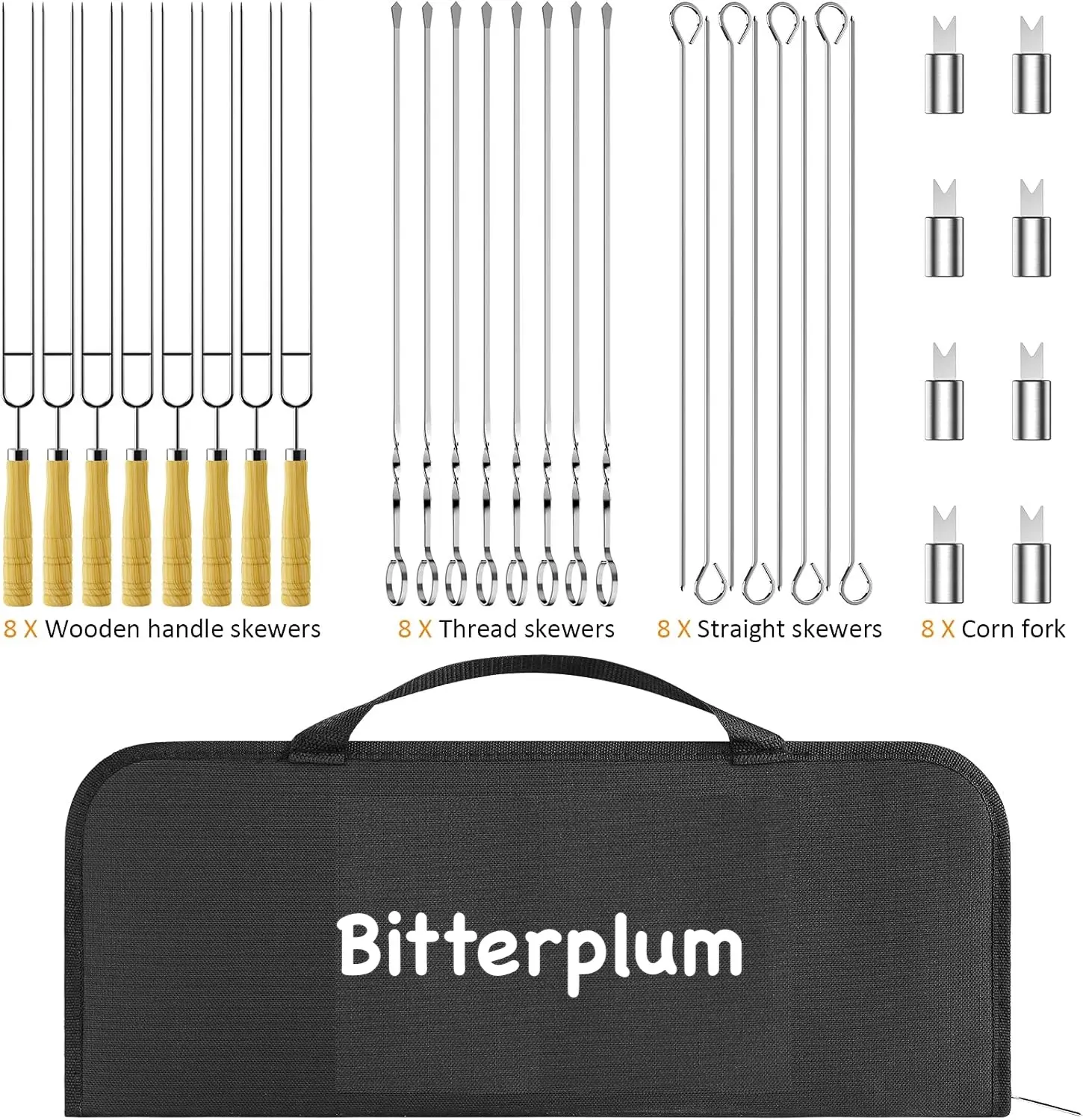 Bitterplum Kabob Skewers Set, 33PCS Stainless Steel BBQ Skewers with Wooden Handles, Spiral & Straight Skewers for Grilling Meat, Vegetables, Shrimp, Chicken, Fish, Reusable with Storage Bag