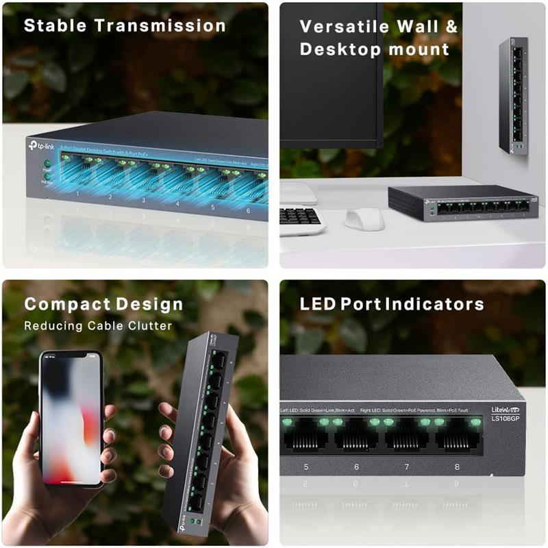 LS108GP 8 Port Full Gigabit PoE Switch, Network Switch, Power Saving, Plug & Play, Metal Case, Ethernet Switch, 802.3af/at 30W, 62W Total Budget, Ethernet Splitter, Silent Operation 0