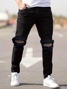 Men's Solid Ripped Slim Jeans, Casual Comfy Denim Pants for Daily Wear, Fashion Men's Bottoms for All Seasons, Cotton