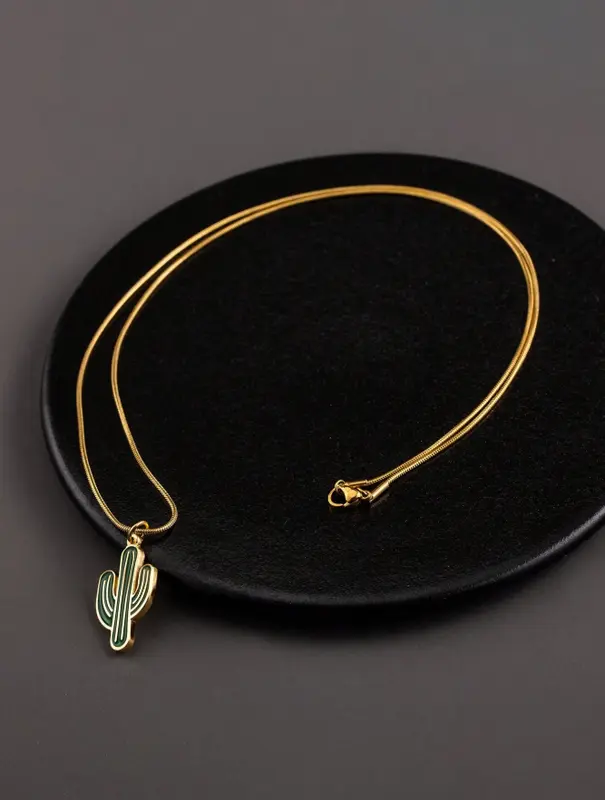 One Stainless Steel 18K Gold Plated Fashionable Cactus Pendant Necklace In Green, Suitable For Men And Women Vacation Accessories 1