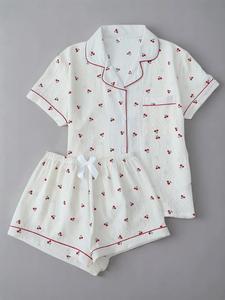 Two Counts Women's Cherry/ Heart/ Floral Print Lapel Pocket Shirt & Bow Decor Shorts Pyjama Set, Button Front Shirt Girl & Shorts Pj Set, Minimalistic Wear, Loungewear, Homewear, Womenswear, Lady Nightwear