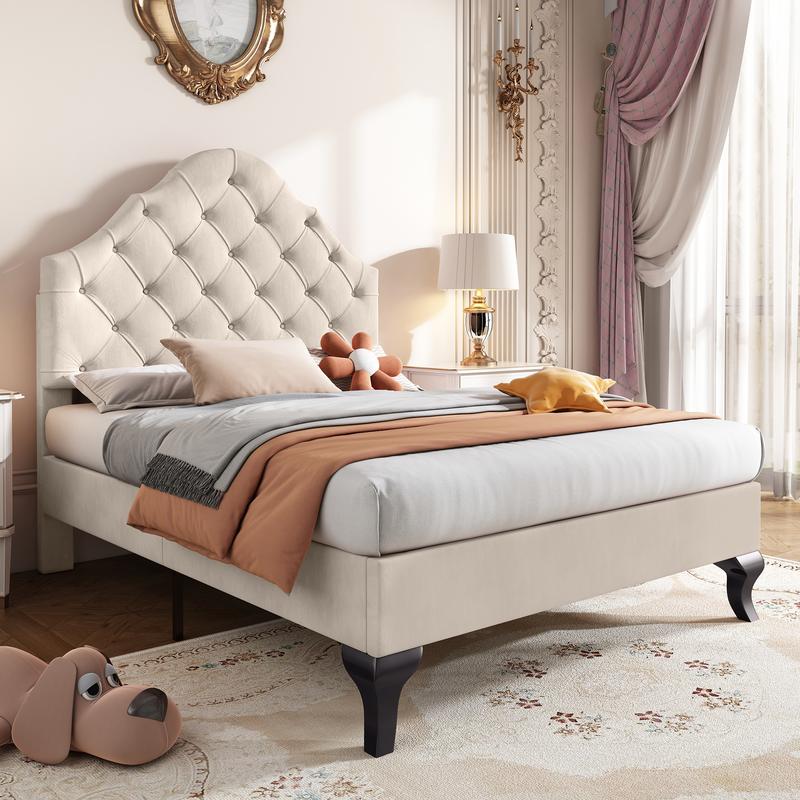 Upholstered bed 90*190 with slatted frame and headboard, Upholstered bed with height-adjustable headboard, Youth bed, Single bed, Wooden slat support, Easy assembly, Velvet, Beige 0