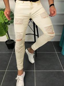 Men's Solid Color Ripped Jeans, Casual Comfy Skinny Jeans for Daily Wear, Fashion Men's Bottoms for All Seasons, Cotton