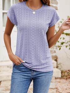 Women's Plain Eyelet Embroidery Batwing Sleeve Tee, Basic Casual Cap Sleeve Round Neck T-shirt for Daily Wear, Ladies Clothes for All Seasons