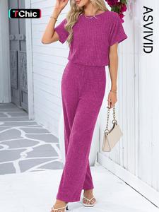 Women's Plain Ribbed Wide Leg Jumpsuit, Casual Batwing Sleeve Keyhole Back Jumpsuit for Summer, Ladies Clothes for Daily Wear