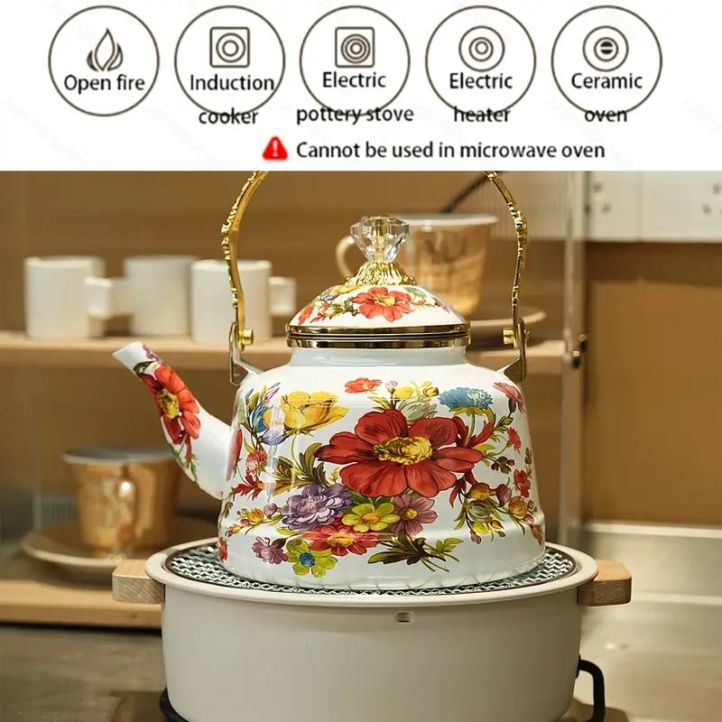 Enamel Floral Teapot 2.5L  - Kings Kitchenware - Suitable For All Stoves Tops 2