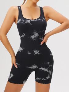 Women's Summer New Arrival Tie Dye Print Backless Sports Tank Tummy Control Romper, Casual Sporty Scoop Neck Sleeveless Bodycon Romper for Yoga Gym Workout, Ladies Sportswear for All Seasons, Workout Gym Clothing