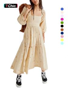 Women Bohemian Floral Dress Lantern Sleeve Square Neck Flower Embroidered Maxi Dress Flowy High Waist Long Dress
