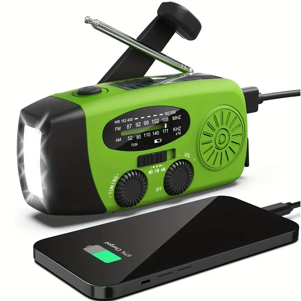 Portable Emergency Radio with Power Bank, 2000Mah Lithium Battery, AM/FM/NOAA Weather Band, Hand Crank & Solar Charging, USB Rechargeable, 3 LED Flashlight, for Indoor Outdoor Camping